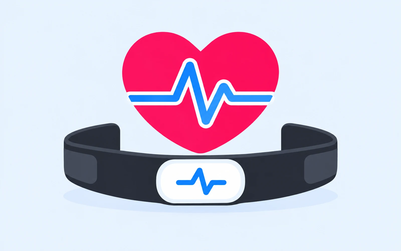 A pink heart with a blue pulse line above a charcoal heart-rate chest strap.