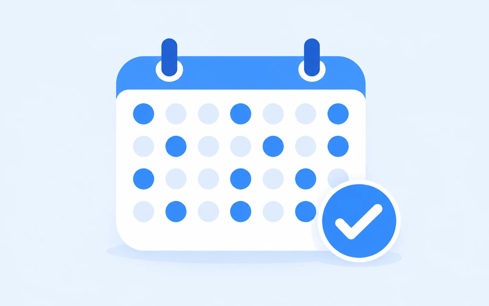 A monthly calendar with blue ride-day dots and a large checkmark badge.
