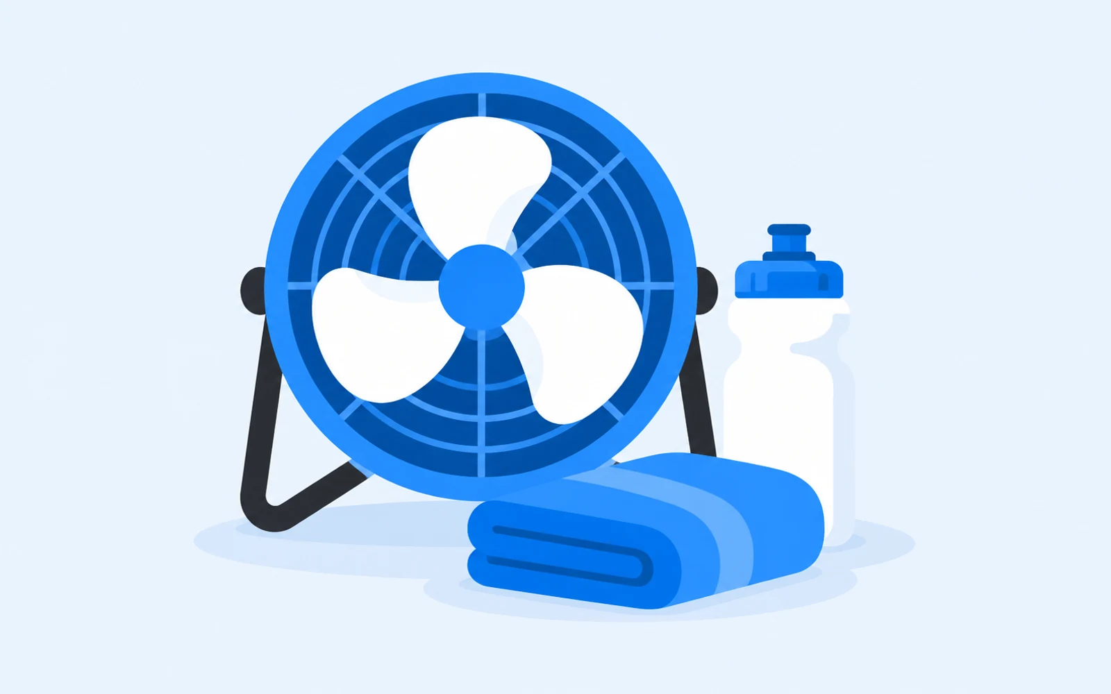 A blue floor fan, a white water bottle and a folded blue towel.